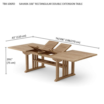 Wooden rectangular double extension table with dimensions on a white background