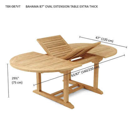 Wooden oval extension table with dimensions on a white background