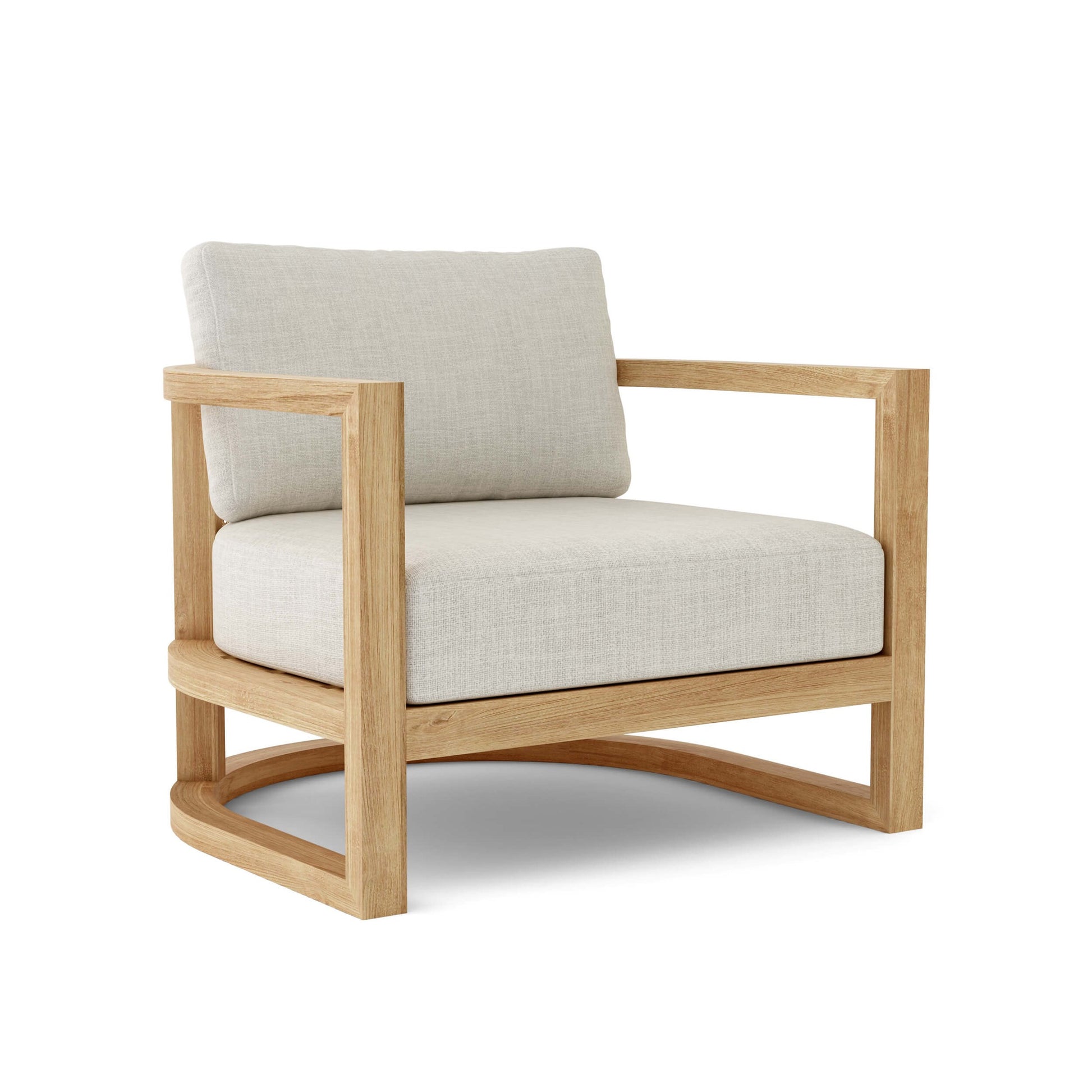 Chair with wooden frame and beige cushions on a white background