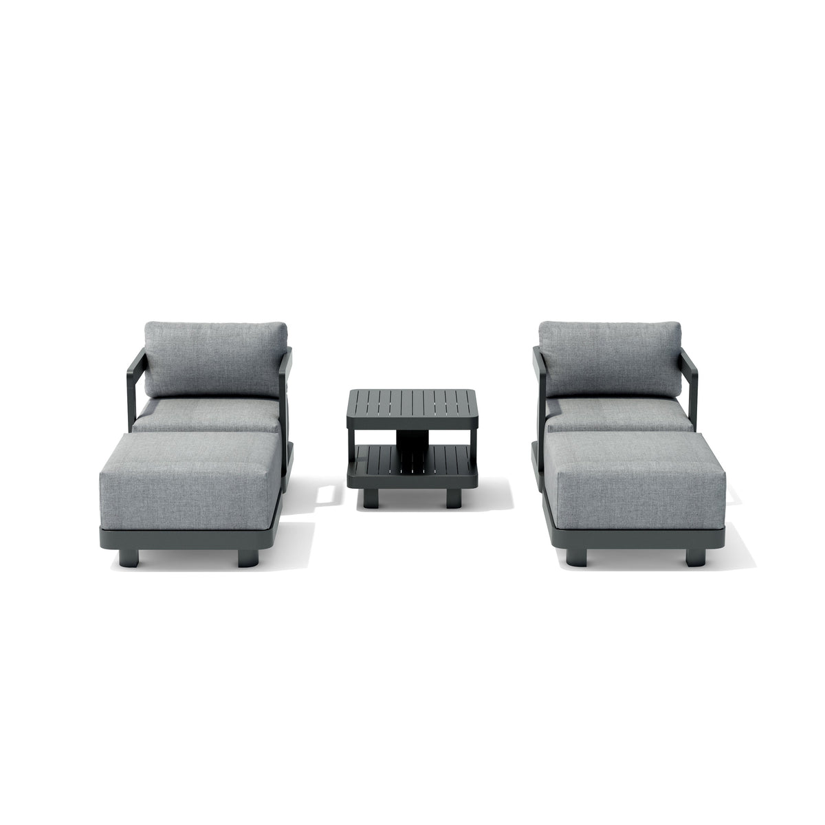 Modern outdoor furniture set with two gray sectional chairs and a small table on a white background