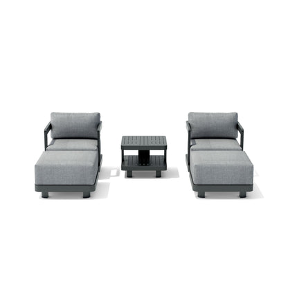 Modern outdoor furniture set with two gray sectional chairs and a small table on a white background
