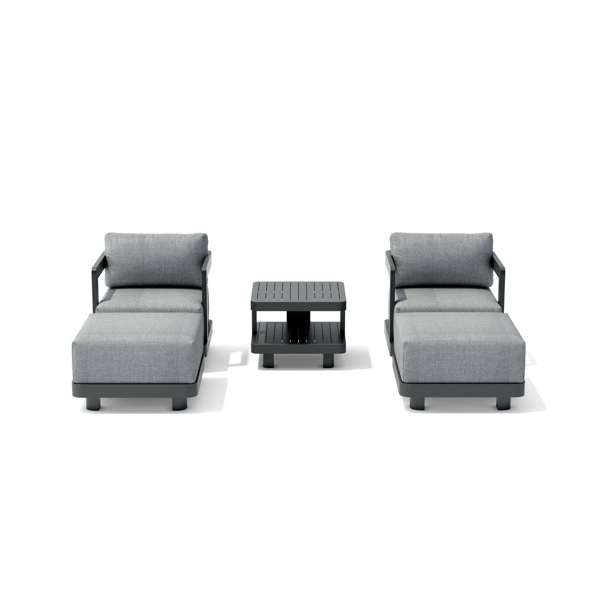 Modern outdoor furniture set with two gray sectional chairs and a small table on a white background