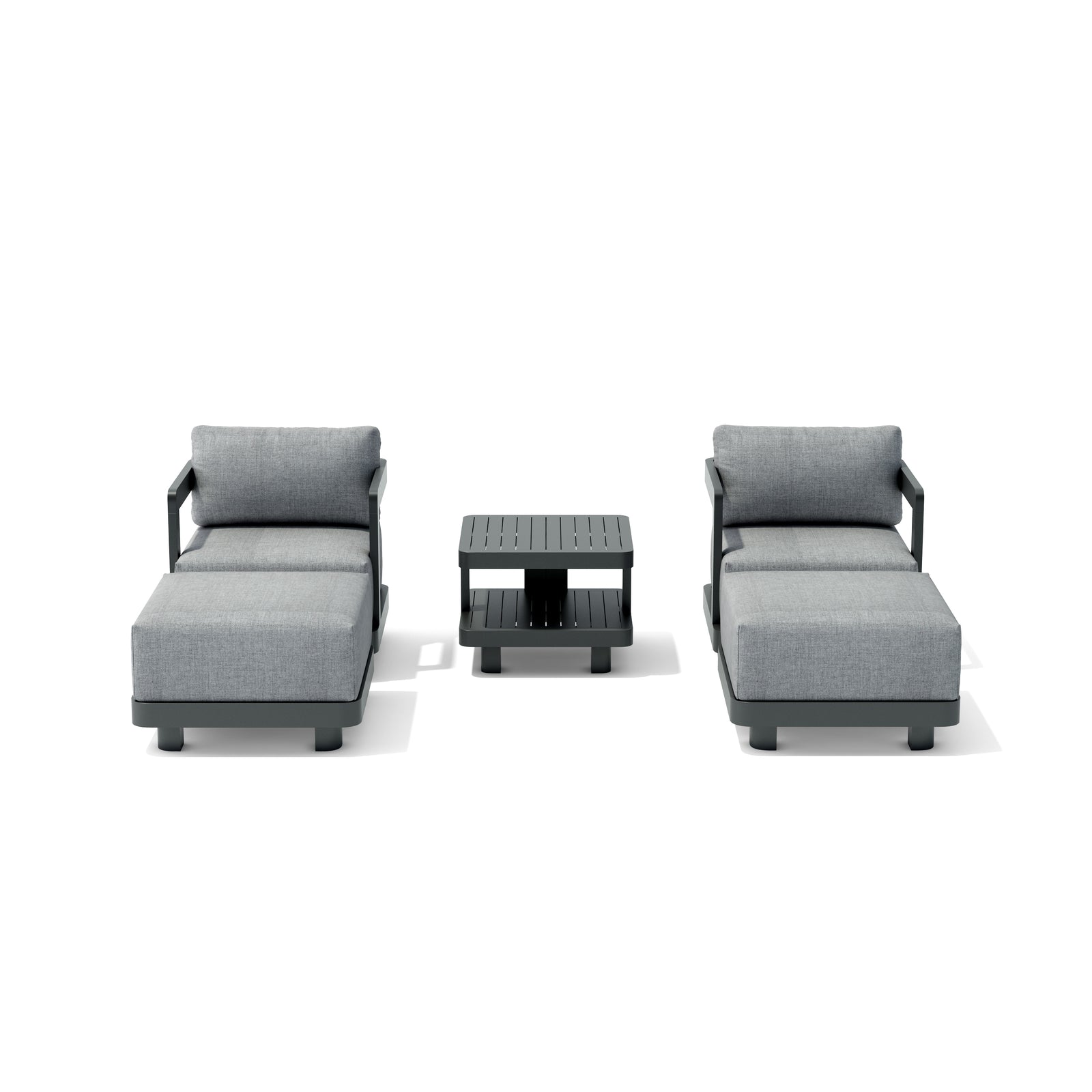Modern outdoor furniture set with two gray sectional chairs and a small table on a white background