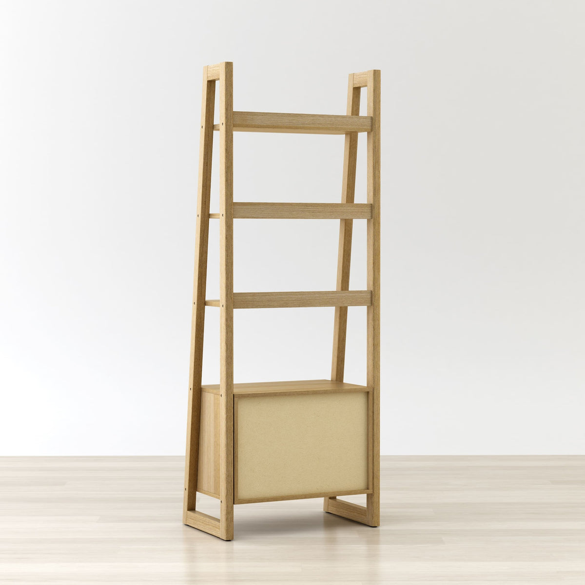 Wooden ladder shelf with a beige panel on a white background