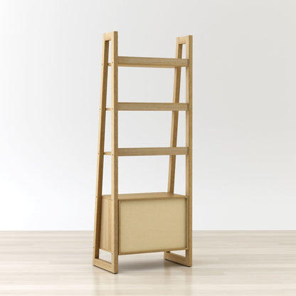 Wooden ladder shelf with a beige panel on a white background