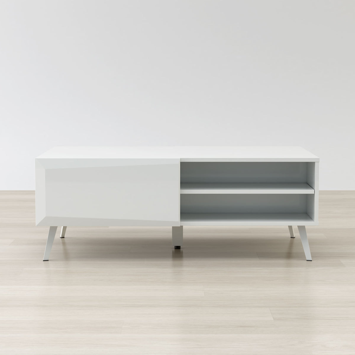 White TV stand with a shelf on a light wooden floor and white wall background
