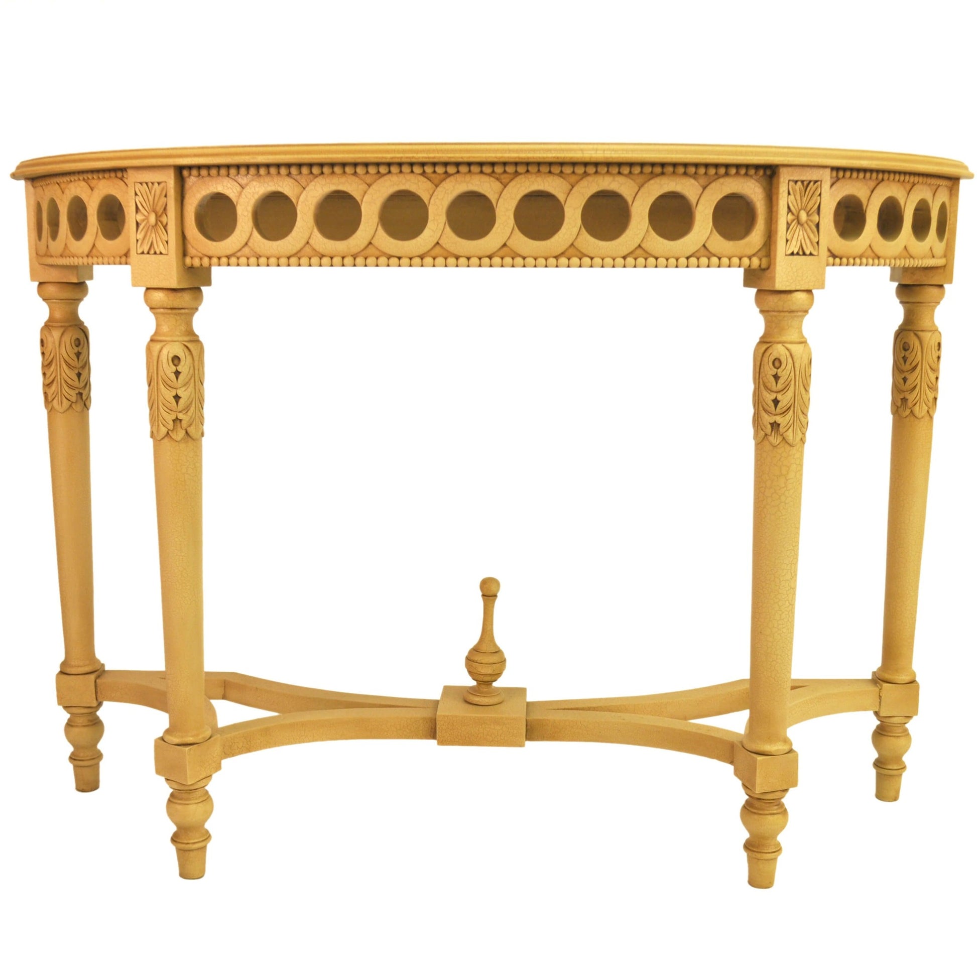 Decorative wooden table with intricate carvings on a white background