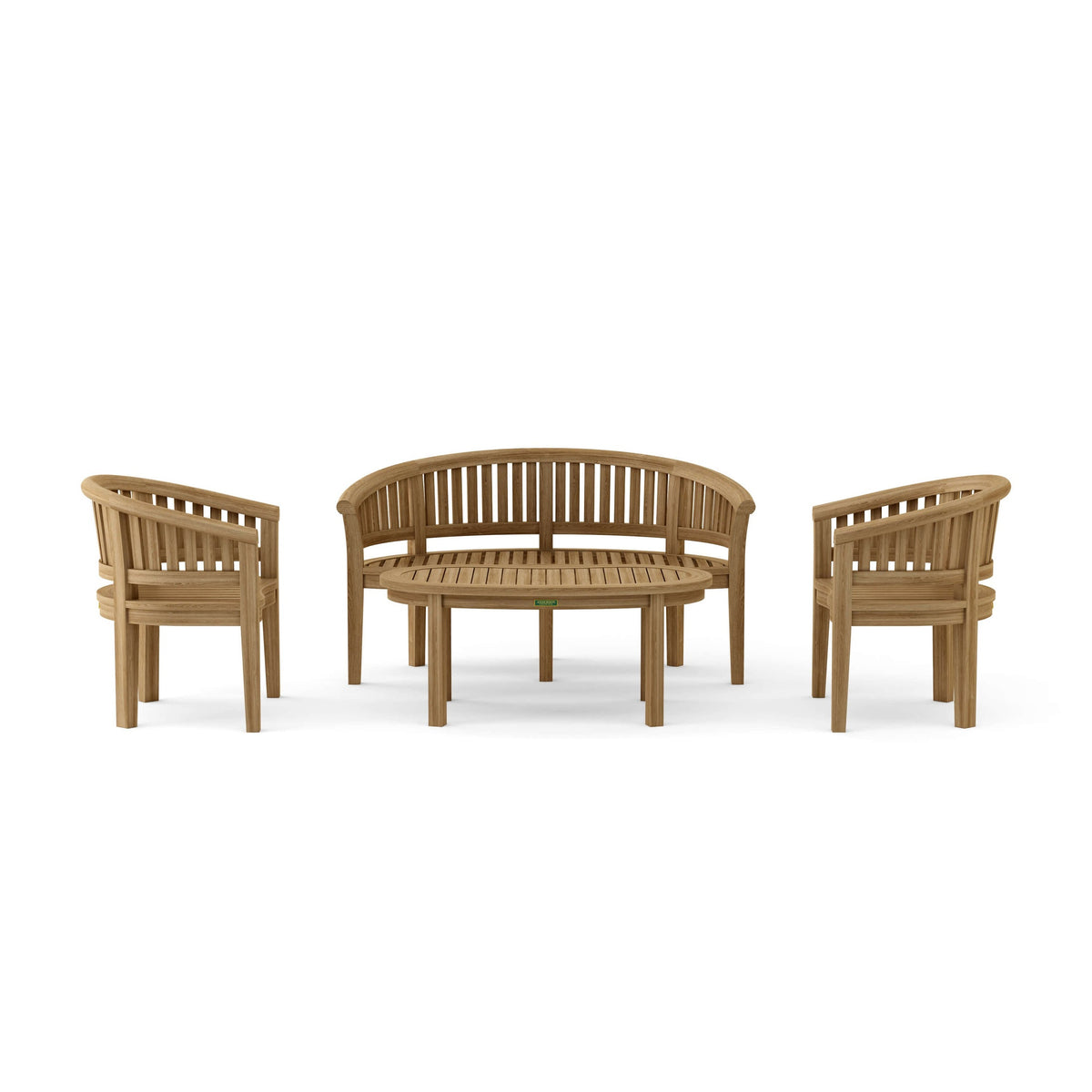 Wooden outdoor furniture set with two chairs and a bench on a white background