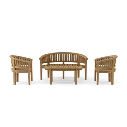 Wooden outdoor furniture set with two chairs and a bench on a white background