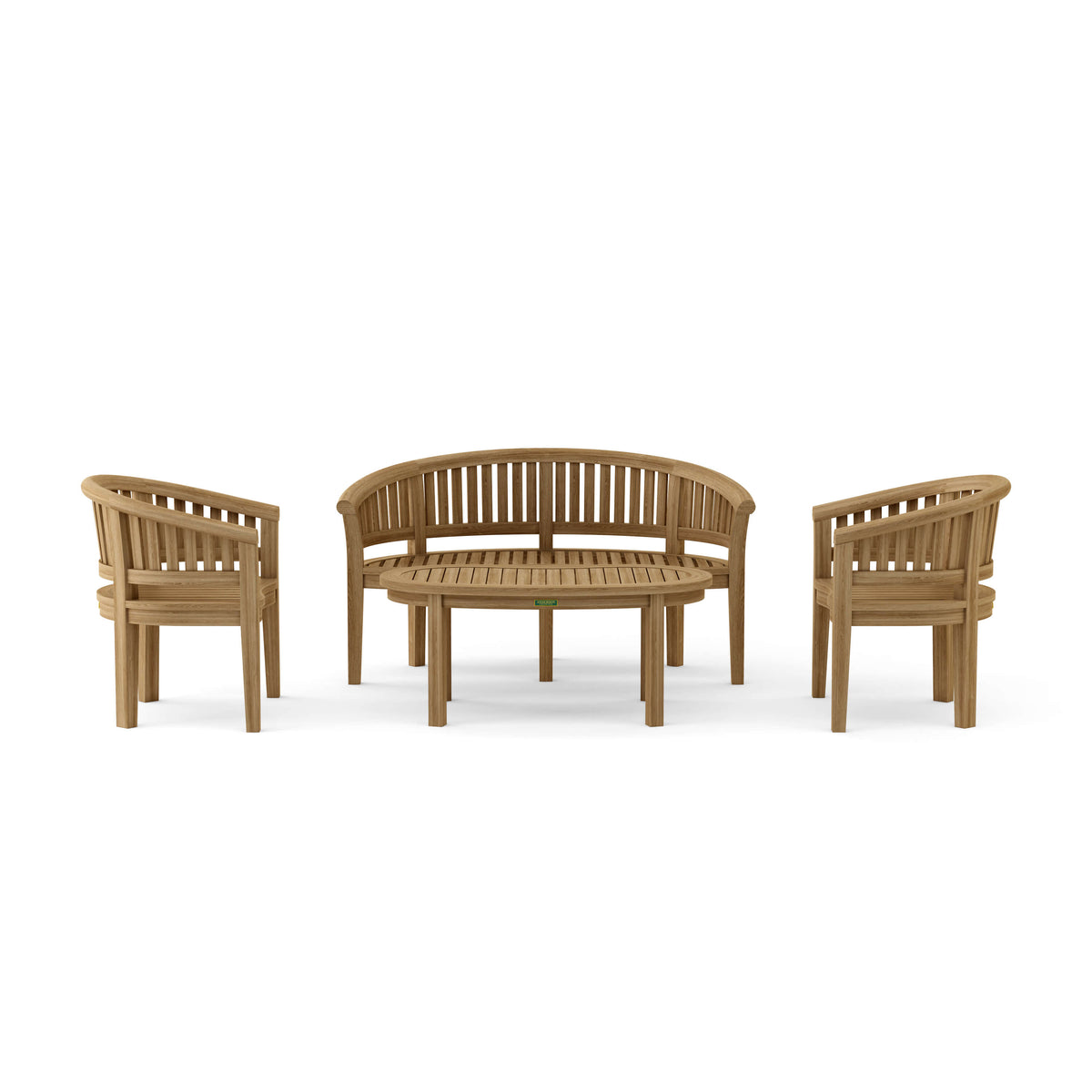 Wooden outdoor furniture set with two chairs and a bench on a white background