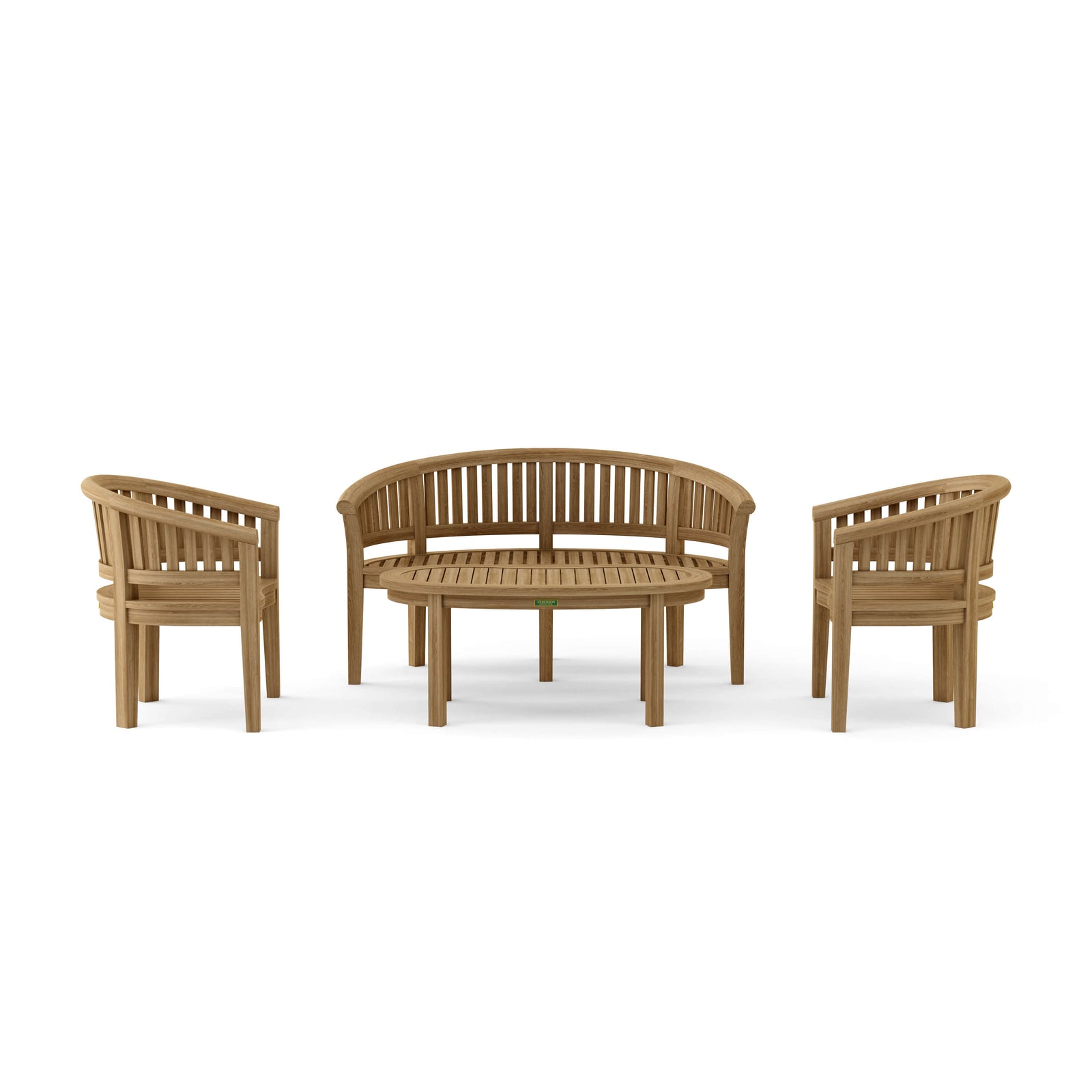 Wooden outdoor furniture set with two chairs and a bench on a white background