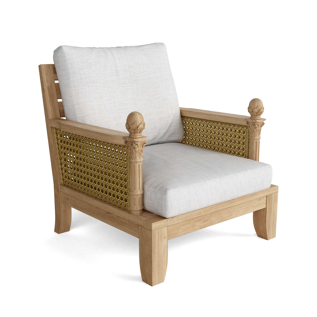 Wooden armchair with wicker backrest and white cushions on a white background
