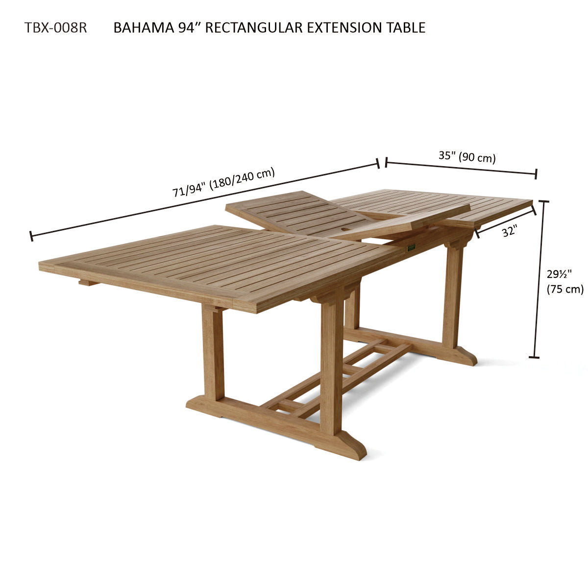Measurement chart of a Bahama 94" rectangular extension table with dimensions labeled.