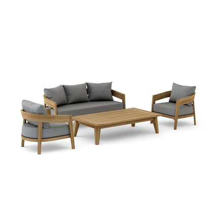 Outdoor furniture set with wooden chairs and sofa, and a coffee table on a white background