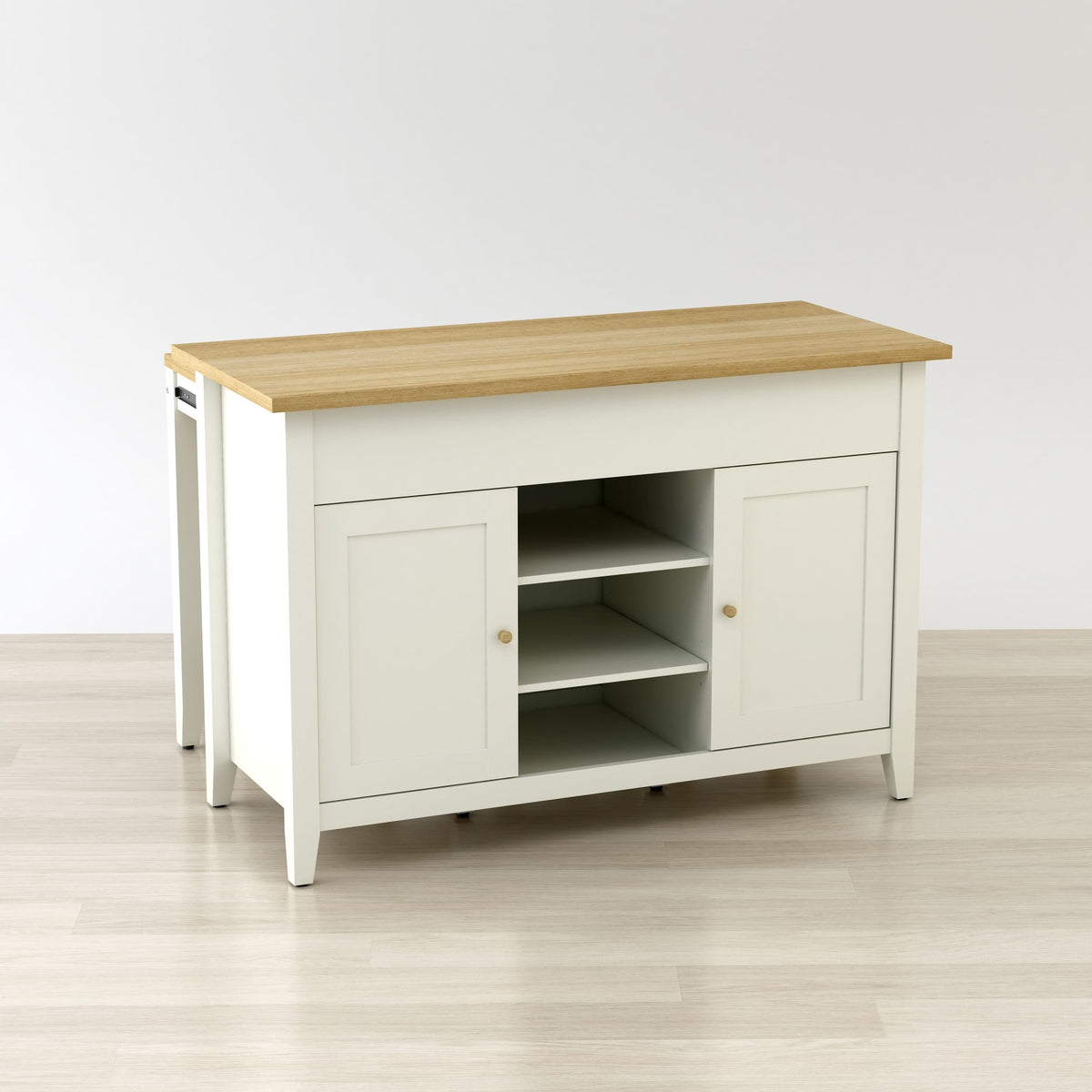 White TV stand with wooden top on a light wood floor.