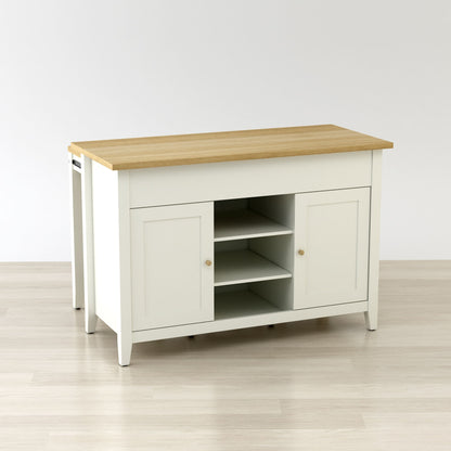 White TV stand with wooden top on a light wood floor.