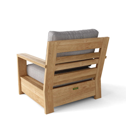 Wooden armchair with gray cushions on a white background