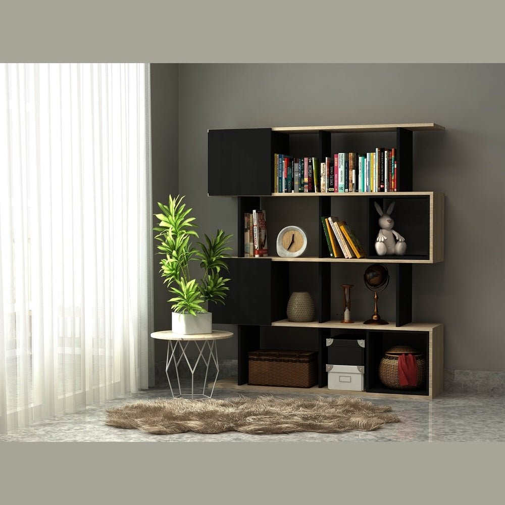 Modern bookshelf with decorative items against a gray wall