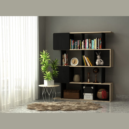 Modern bookshelf with decorative items against a gray wall