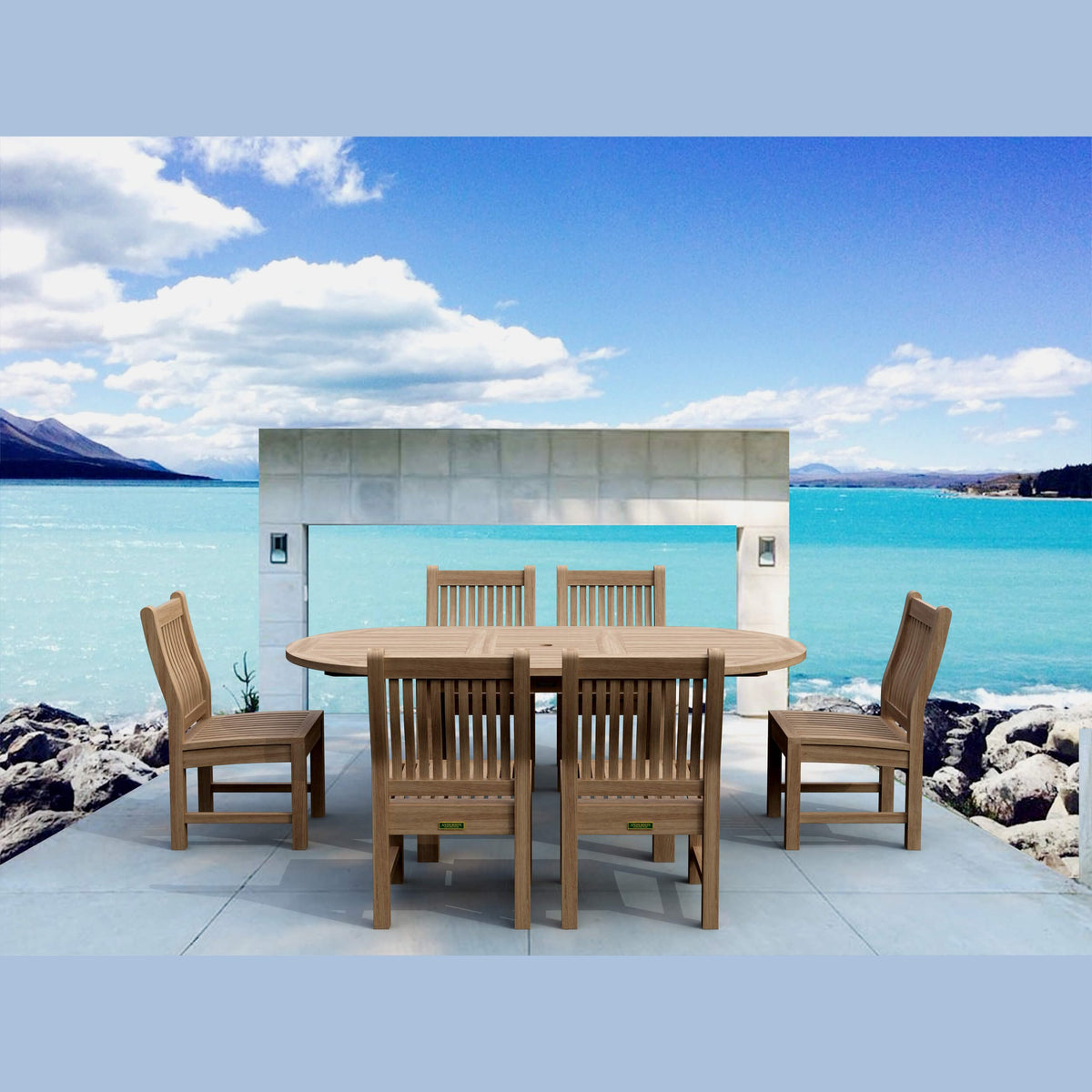 Wooden outdoor dining set with six chairs by a scenic waterfront.