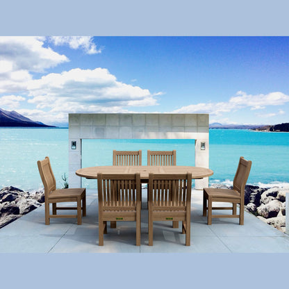 Wooden outdoor dining set with six chairs by a scenic waterfront.