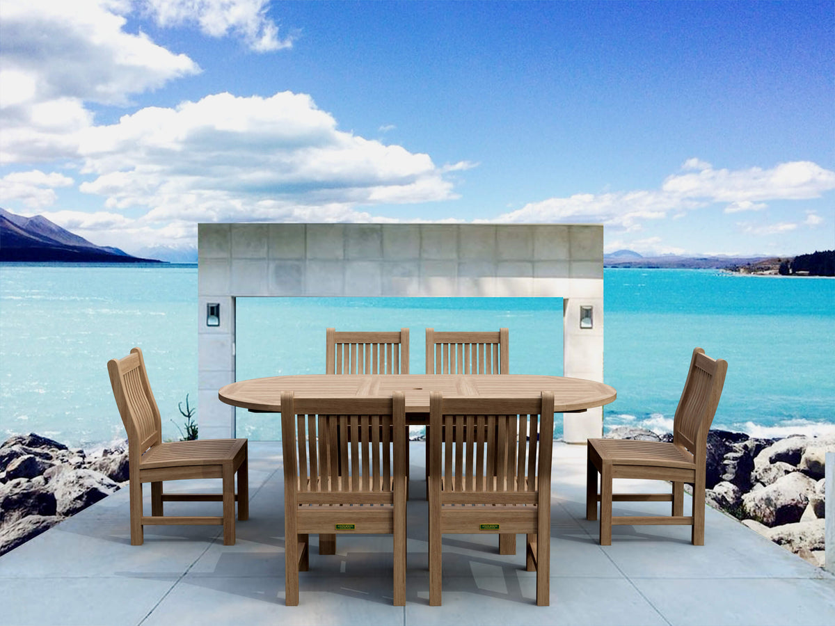 Wooden outdoor dining set with six chairs by a scenic waterfront.