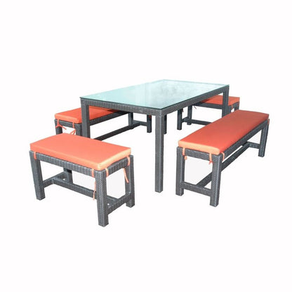 Outdoor furniture set with a table and benches on a white background