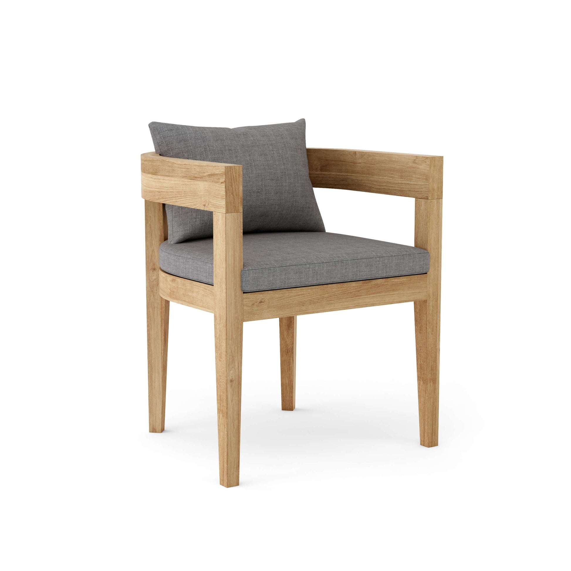 Wooden chair with gray cushion on a white background