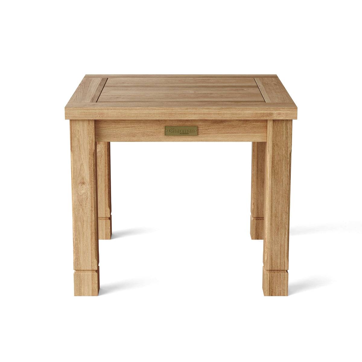 Wooden side table with a brand label on a white background