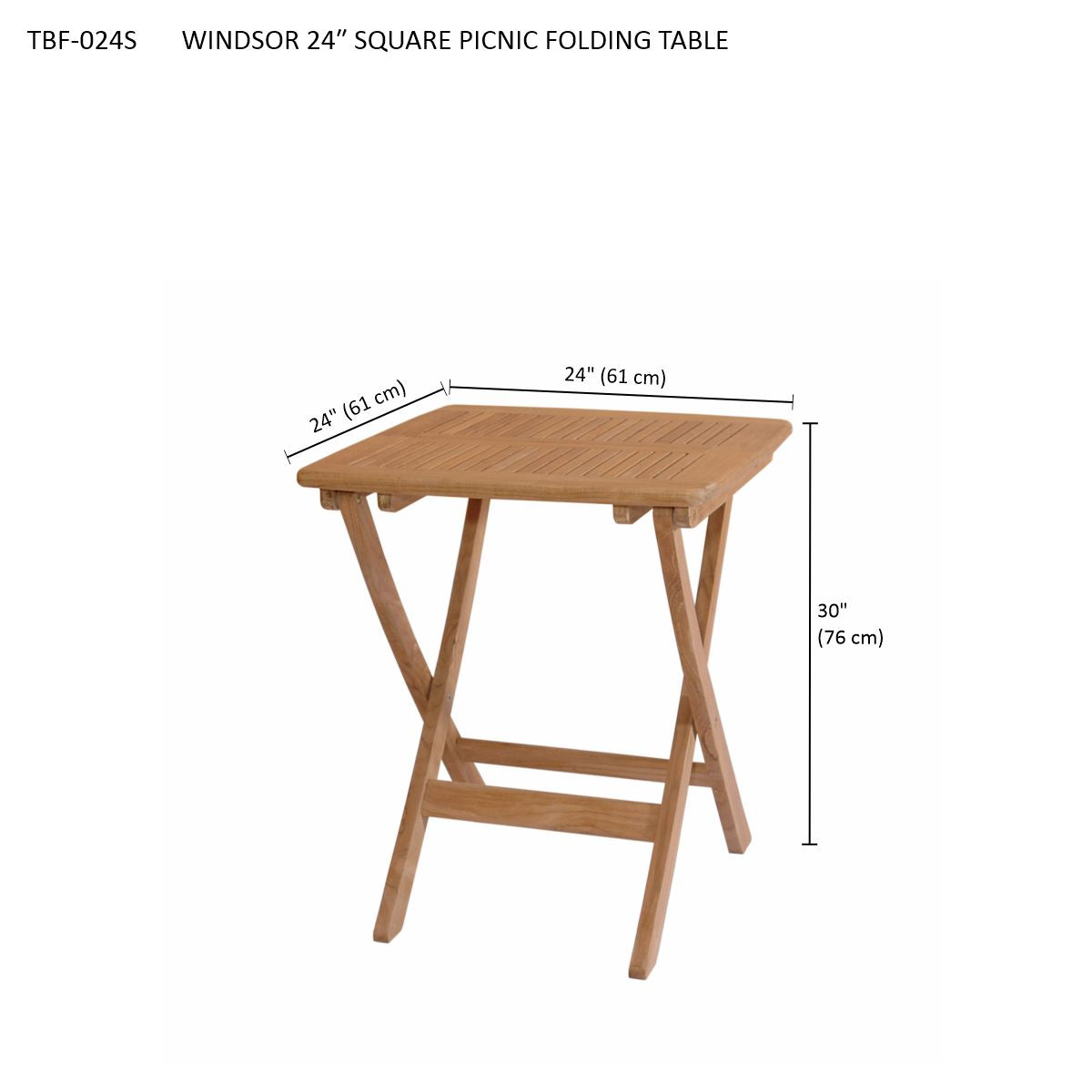 Wooden folding picnic table with dimensions on a white background