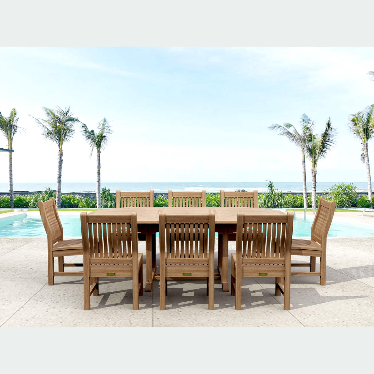 Bahama Sahara 9-Piece 87" Oval Dining Set – Extendable Teak Table | BetterPatio // BetterPatio.com