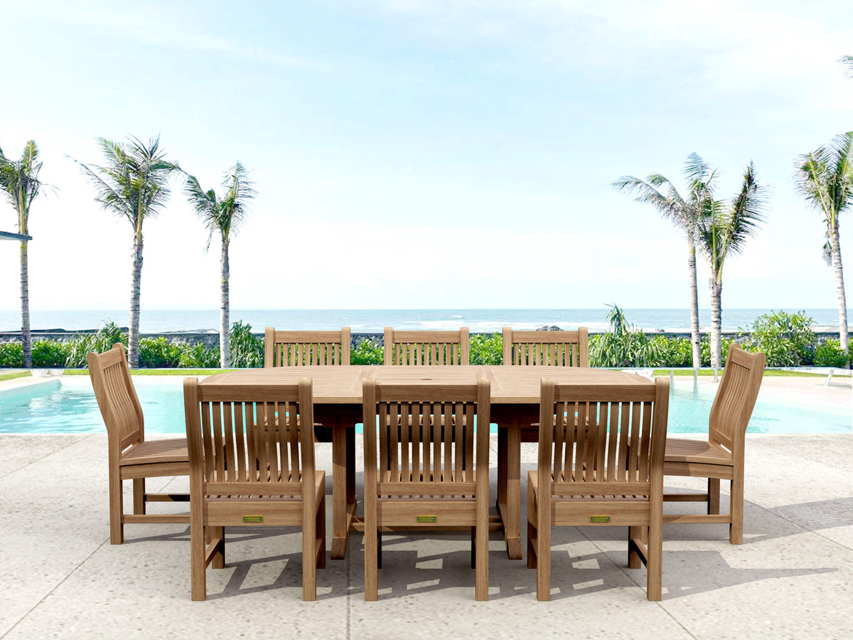 Bahama Sahara 9-Piece 87" Oval Dining Set – Extendable Teak Table | BetterPatio // BetterPatio.com