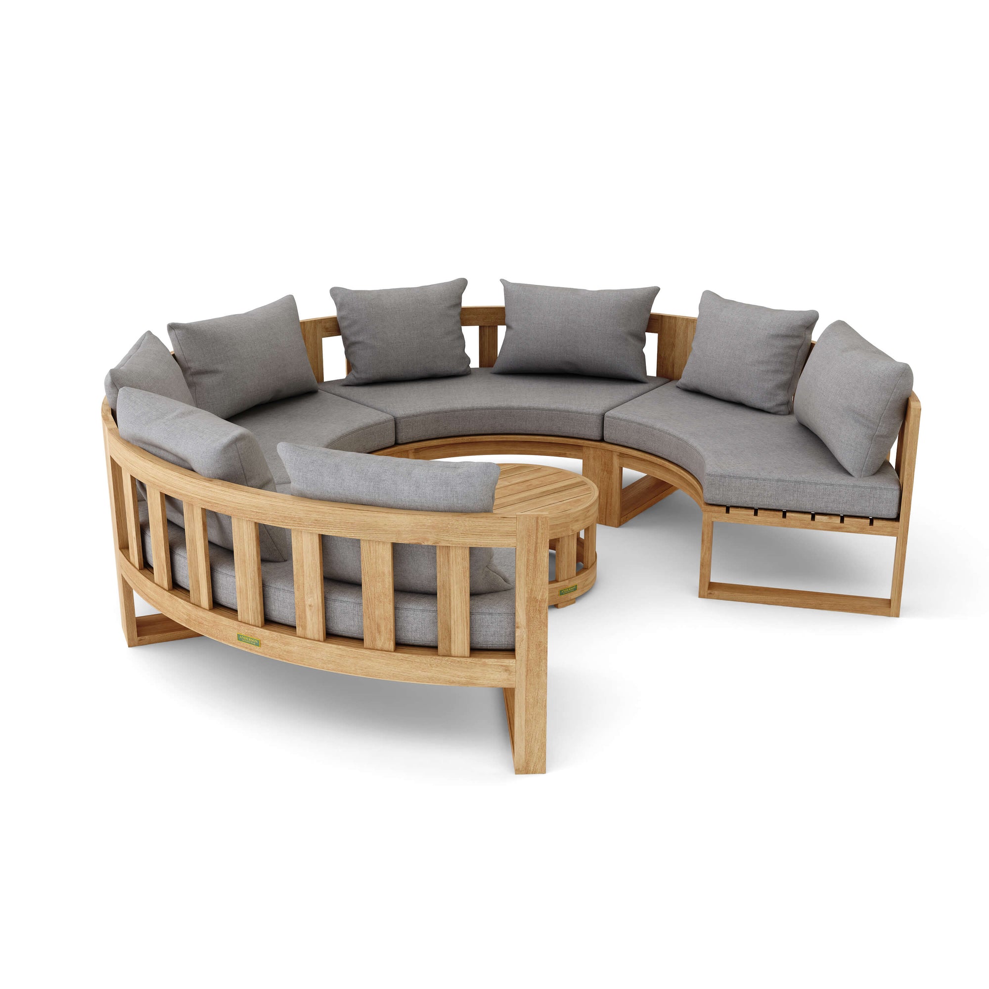Wooden outdoor furniture set with gray cushions on a white background