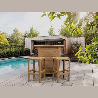 Wooden outdoor bar set with stools by a poolside