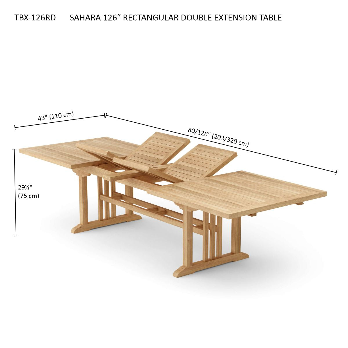 Wooden rectangular double extension table with dimensions on a white background