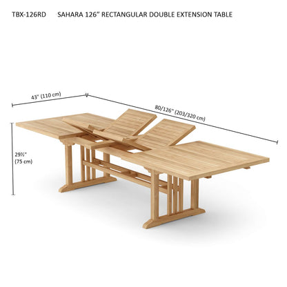Wooden rectangular double extension table with dimensions on a white background