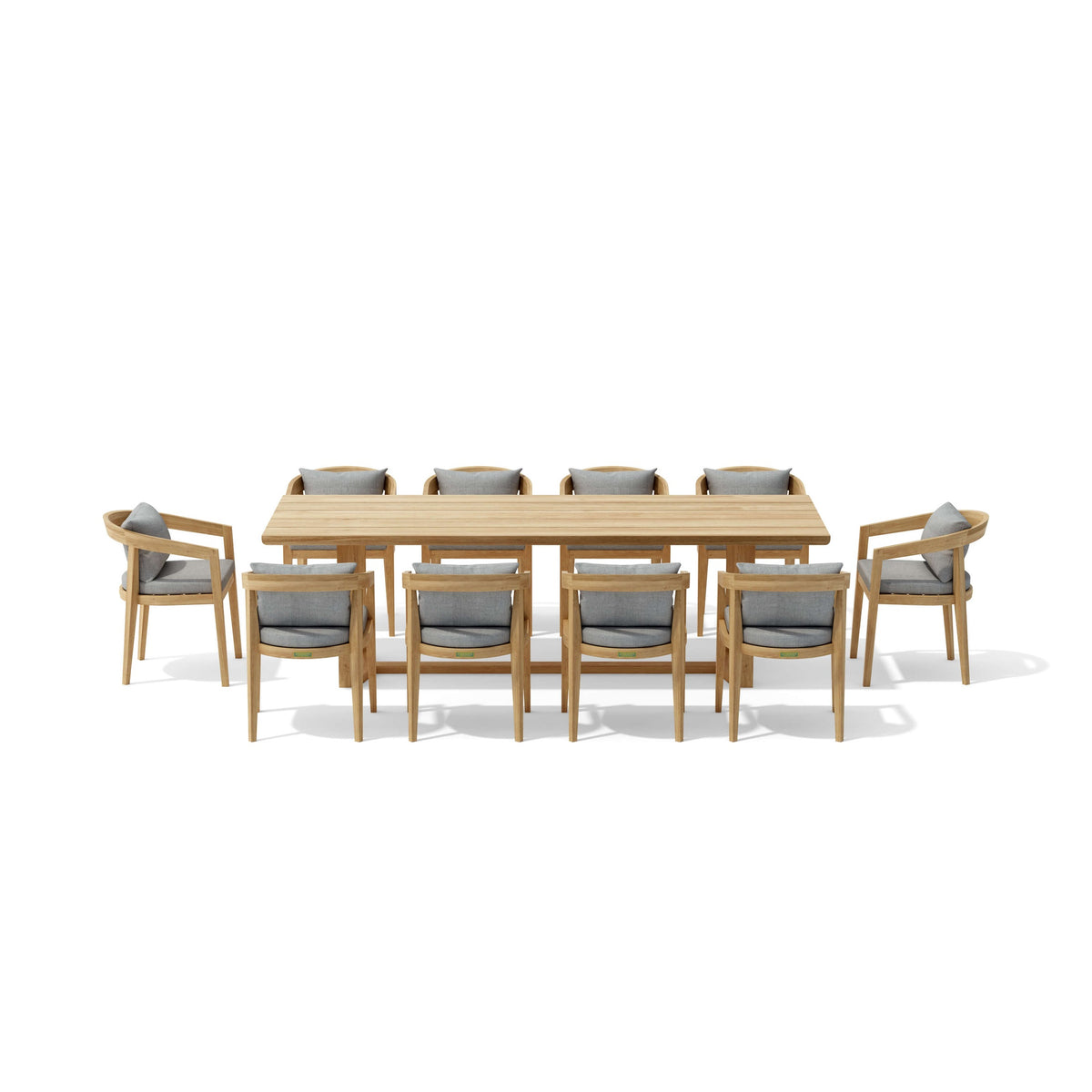 Wooden dining table with eight matching chairs on a white background