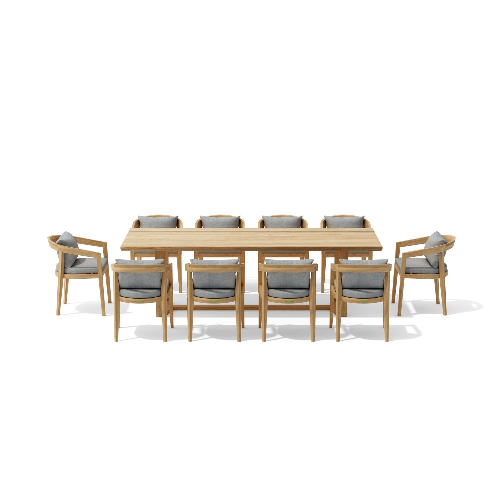 Wooden dining table with eight matching chairs on a white background