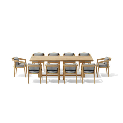 Wooden dining table with eight matching chairs on a white background