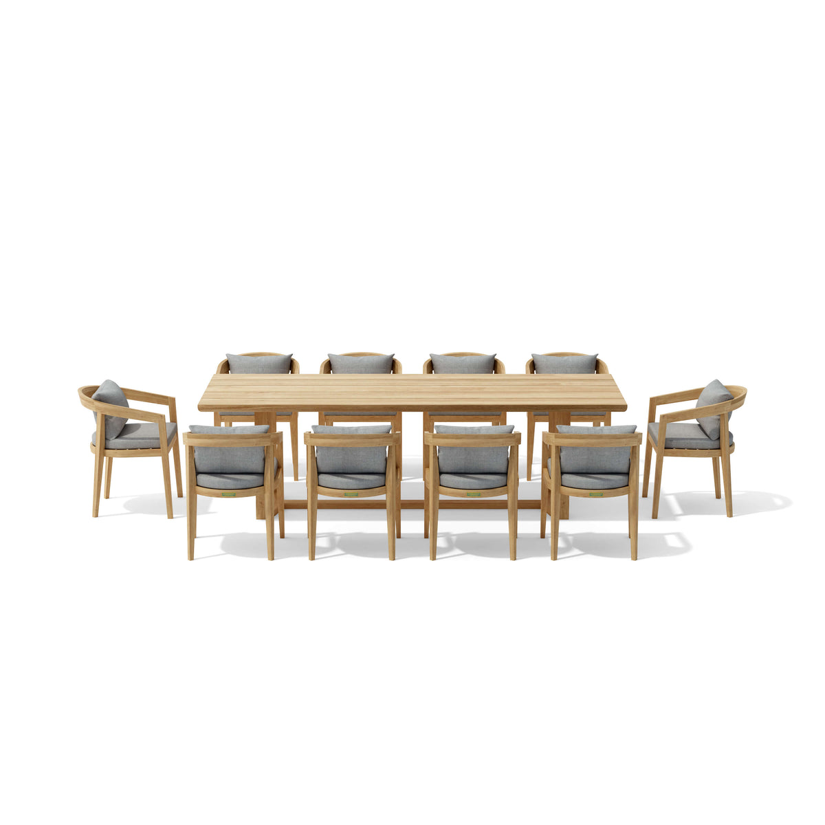 Wooden dining table with eight matching chairs on a white background