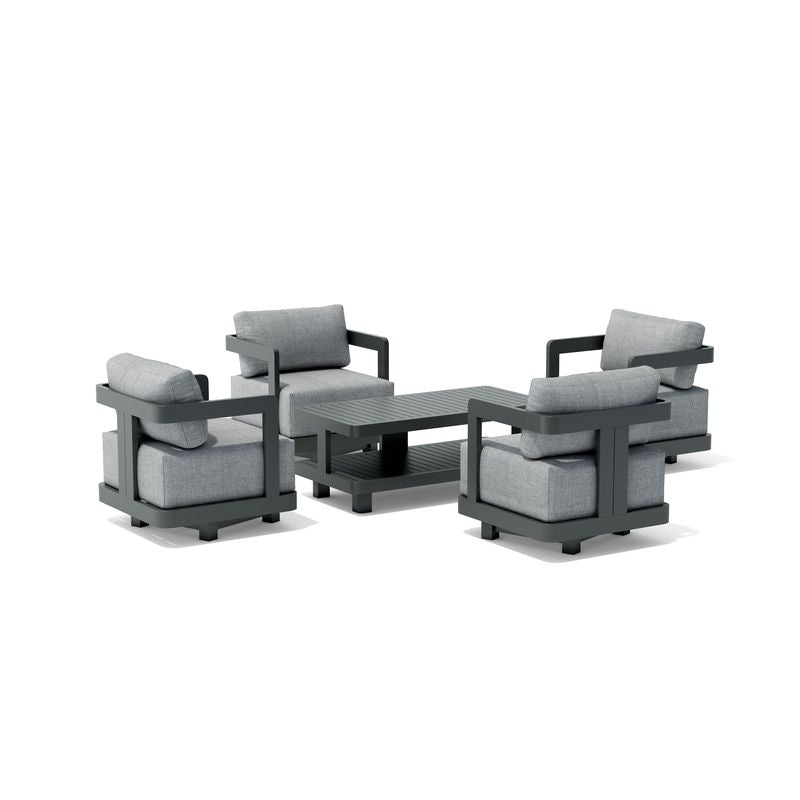 Outdoor furniture set with gray chairs and table on a white background
