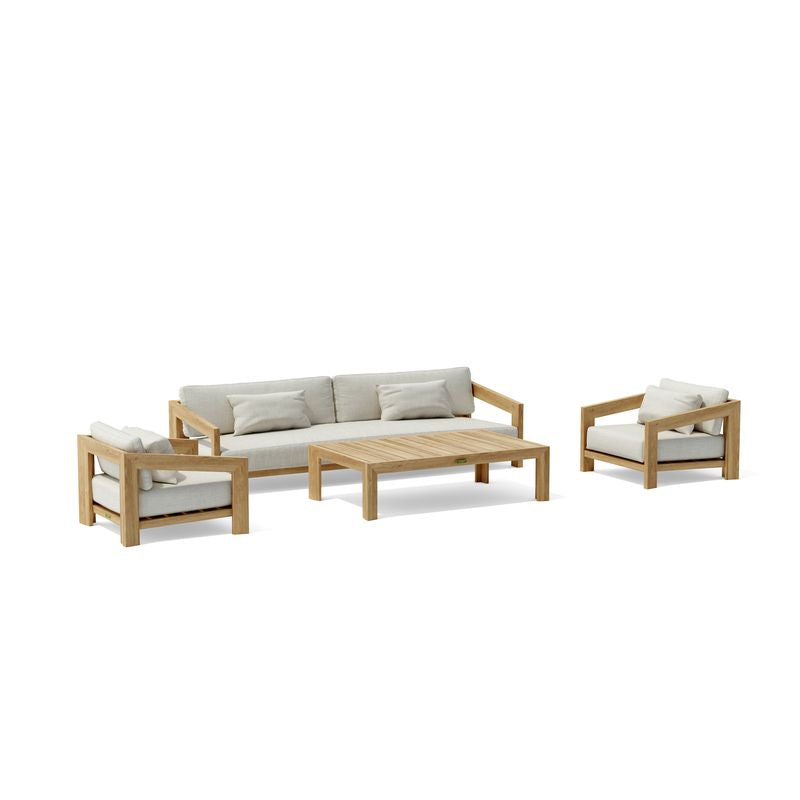 Outdoor furniture set with a sofa, two chairs, and a table on a white background