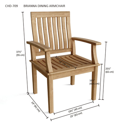 Wooden dining armchair with dimensions on a white background