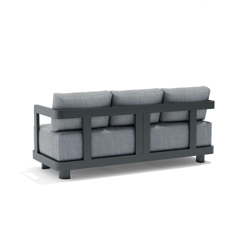Gray outdoor sofa with wooden frame on a white background