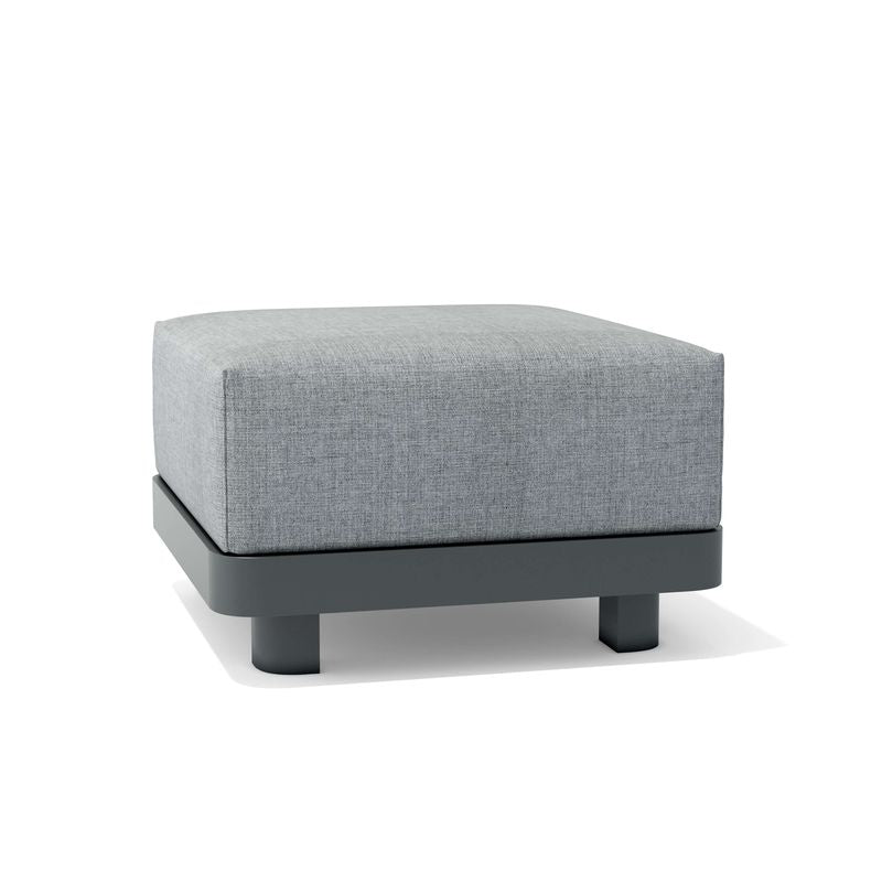 Gray upholstered ottoman with a black base on a white background