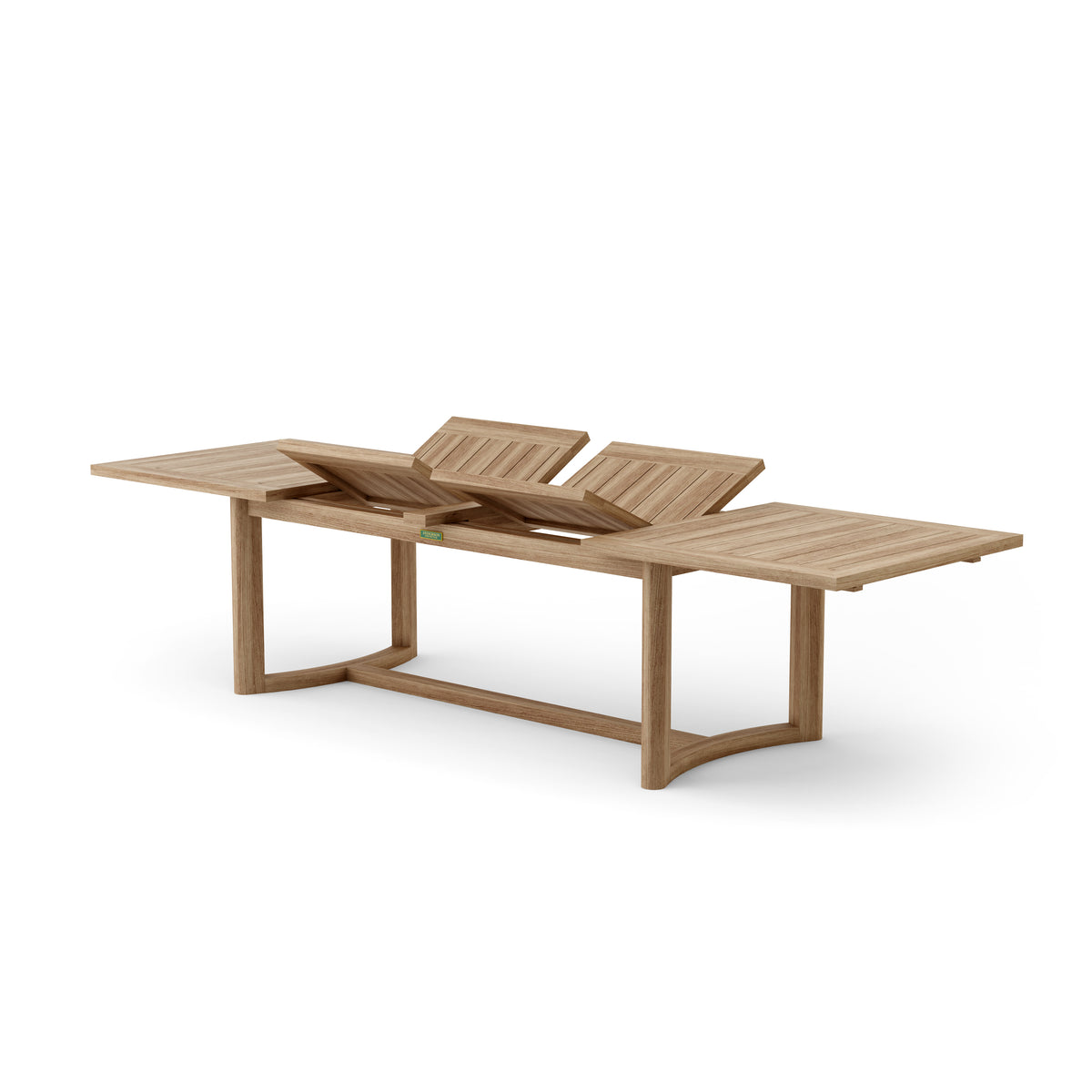 Wooden outdoor table with extendable leaves on a white background