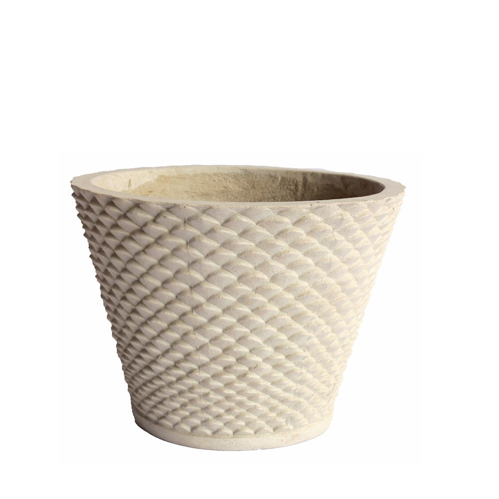 Beige woven patterned planter on a white background