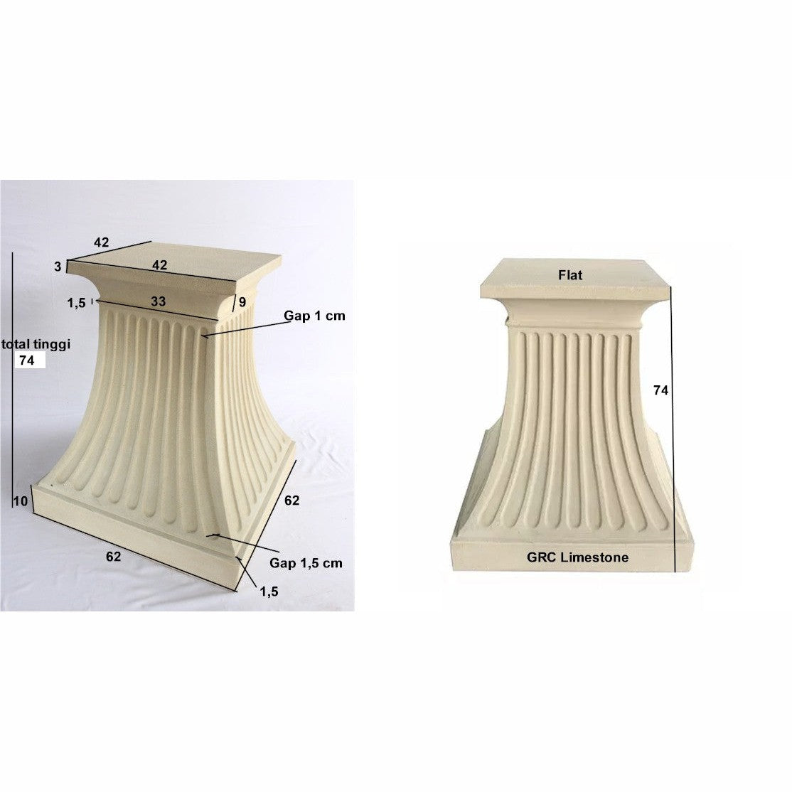 GRC limestone architectural element with measurements on a white background