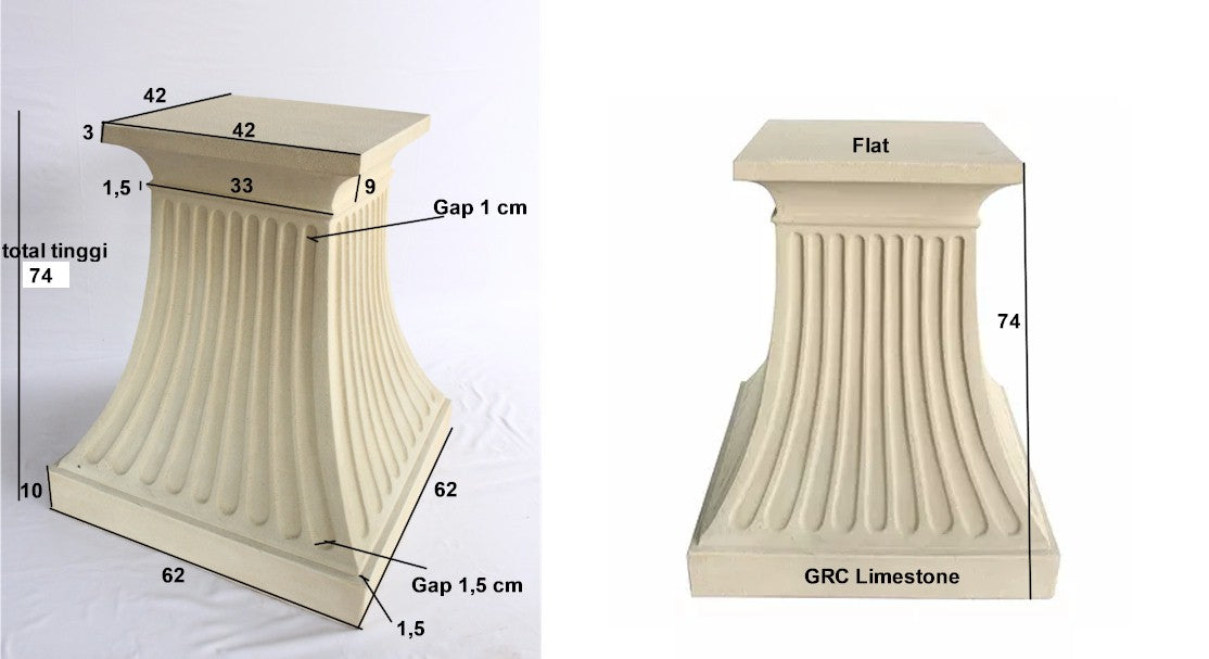 GRC limestone architectural element with measurements on a white background