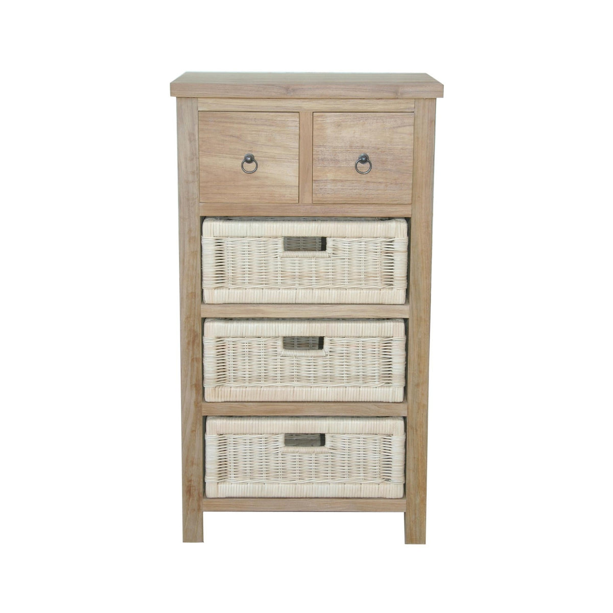 Wooden cabinet with wicker baskets on a white background